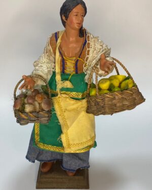 Popolana con Cestini di Frutta e Verdura in Cera – Pastore 25 cm – Terracotta e Occhi in Vetro – Presepe Napoletano '700